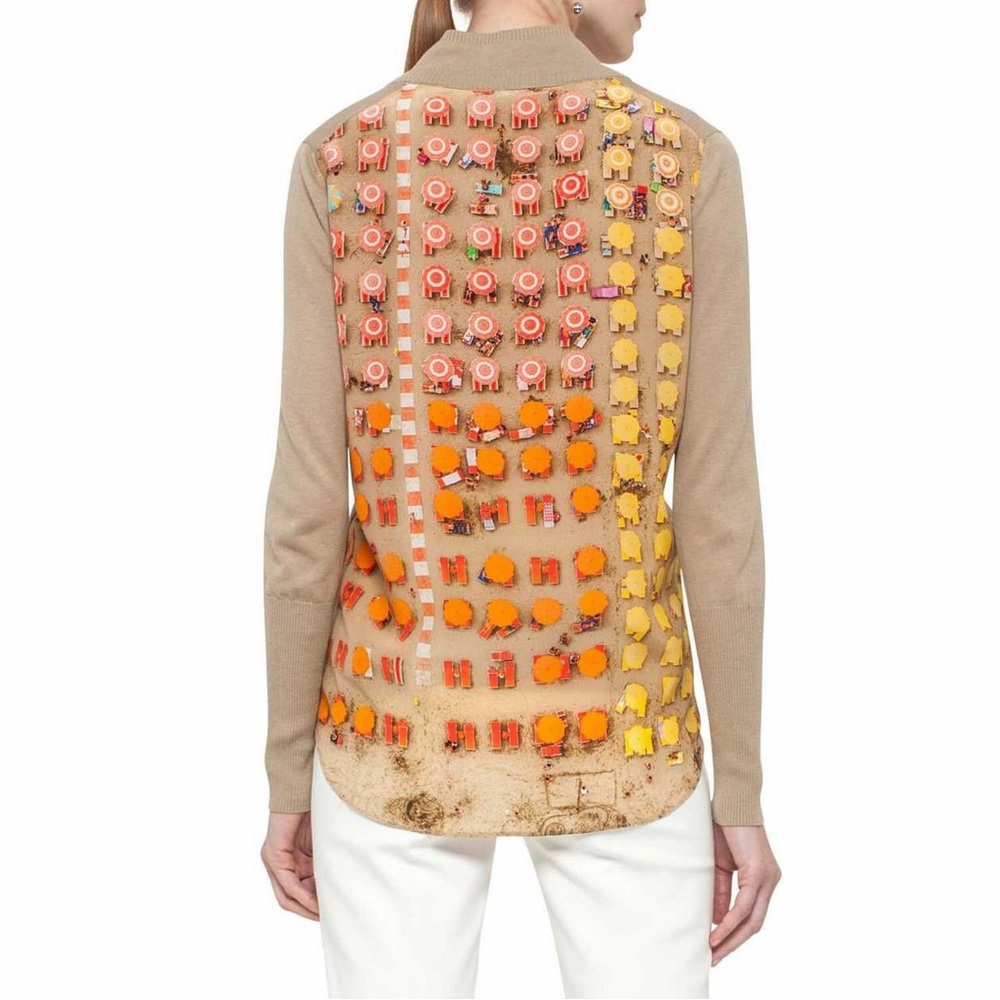 Akris Punto Riviera Umbrella Beach Print Cardigan Sweater Parasol Orange Tan 8